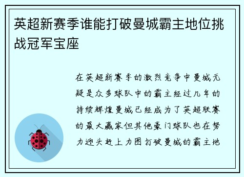 英超新赛季谁能打破曼城霸主地位挑战冠军宝座