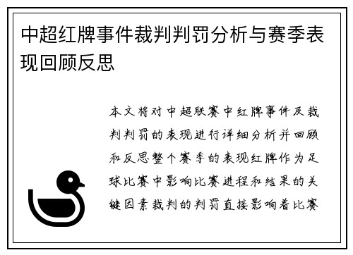 中超红牌事件裁判判罚分析与赛季表现回顾反思
