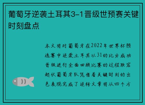 葡萄牙逆袭土耳其3-1晋级世预赛关键时刻盘点