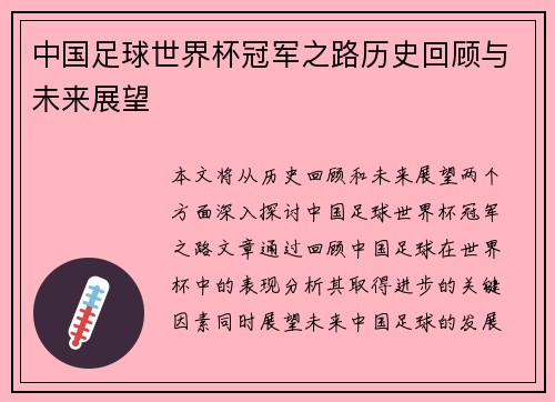 中国足球世界杯冠军之路历史回顾与未来展望